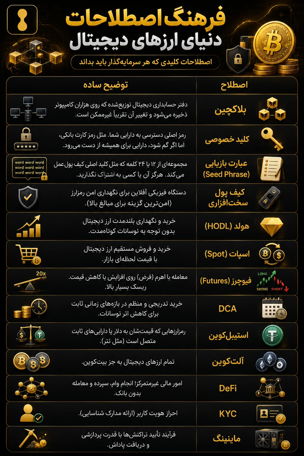 اصطلاح توضیح ساده بلاکچین دفتر حسابداری دیجیتال توزیع‌شده که روی هزاران کامپیوتر ذخیره می‌شود و تغییر آن تقریباً غیرممکن است. کلید خصوصی رمز اصلی دسترسی به دارایی شما. مثل رمز کارت بانکی، اما اگر گم شود، دارایی برای همیشه از دست می‌رود. عبارت بازیابی (Seed Phrase) مجموعه‌ای از ۱۲ یا ۲۴ کلمه که مثل کلید اصلی کیف پول عمل می‌کند. هرگز آن را با کسی به اشتراک نگذارید. کیف پول سخت‌افزاری دستگاه فیزیکی آفلاین برای نگهداری امن رمزارز (امن‌ترین گزینه برای مبالغ بالا). هولد (HODL) خرید و نگهداری بلندمدت ارز دیجیتال بدون توجه به نوسانات کوتاه‌مدت. اسپات (Spot) خرید و فروش مستقیم ارز دیجیتال با قیمت لحظه‌ای بازار. فیوچرز (Futures) معامله با اهرم (قرض) روی افزایش یا کاهش قیمت. ریسک بسیار بالا. DCA خرید تدریجی و منظم در بازه‌های زمانی ثابت برای کاهش اثر نوسانات. استیبل‌کوین رمزارزهایی که قیمت‌شان به دلار یا دارایی‌های ثابت متصل است (مثل تتر). آلت‌کوین تمام ارزهای دیجیتال به جز بیت‌کوین. DeFi امور مالی غیرمتمرکز؛ انجام وام، سپرده و معامله بدون بانک. KYC احراز هویت کاربر (ارائه مدارک شناسایی). ماینینگ فرآیند تأیید تراکنش‌ها با قدرت پردازشی و دریافت پاداش.
