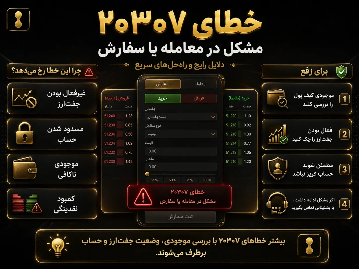 خطای ۲۰۳۰۷ (مشکل در معامله یا سفارش) این ارور بیشتر حین ثبت سفارش خرید یا فروش ظاهر میشود و دلایل مختلفی دارد: غیرفعال بودن جفتارز، مسدود شدن حساب، موجودی ناکافی یا کمبود نقدینگی. برای رفع: موجودی کیف پول خود را بررسی کنید؛ آیا به اندازه کافی دارایی دارید؟ مطمئن شوید که جفتارز مورد نظر در آن زمان فعال است. حساب شما مسدود یا فریز نباشد. در صورت پابرجا بودن خطا، از پشتیبانی کمک بگیرید.
